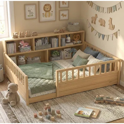 Kids Wooden Floor Bed with Fence-Style Guardrails and Built-In Bookcase Storage | Wayfair North America