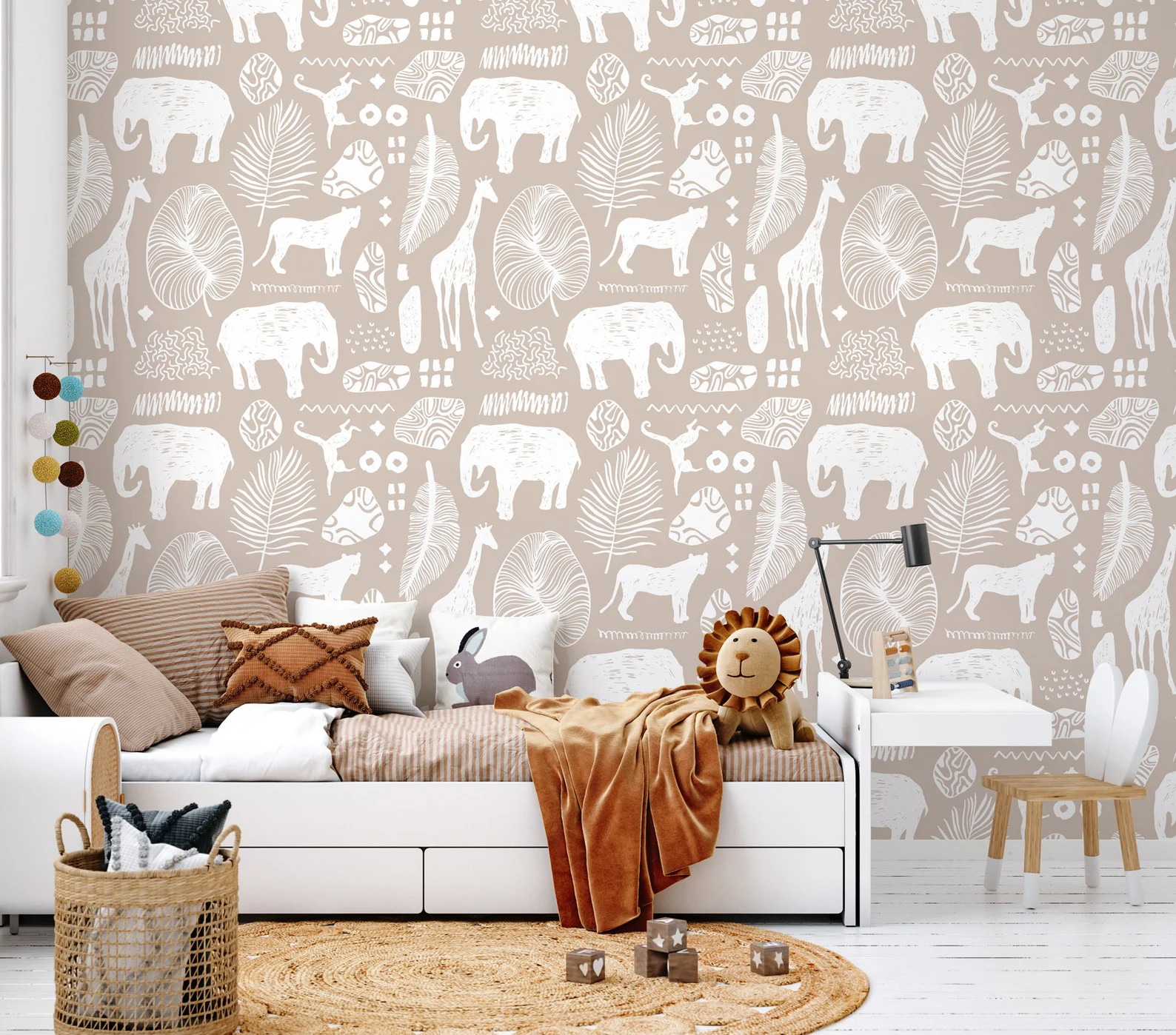 Monochrome Safari Animals Kids Wallpaper Peel and Stick | Tropical Leaves with Jungle Animal Wall... | Etsy (US)