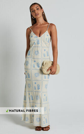 Zinnia Midi Dress - Strappy Linen Slip Dress in Beige/Blue Border Print | Showpo (US, UK & Europe)