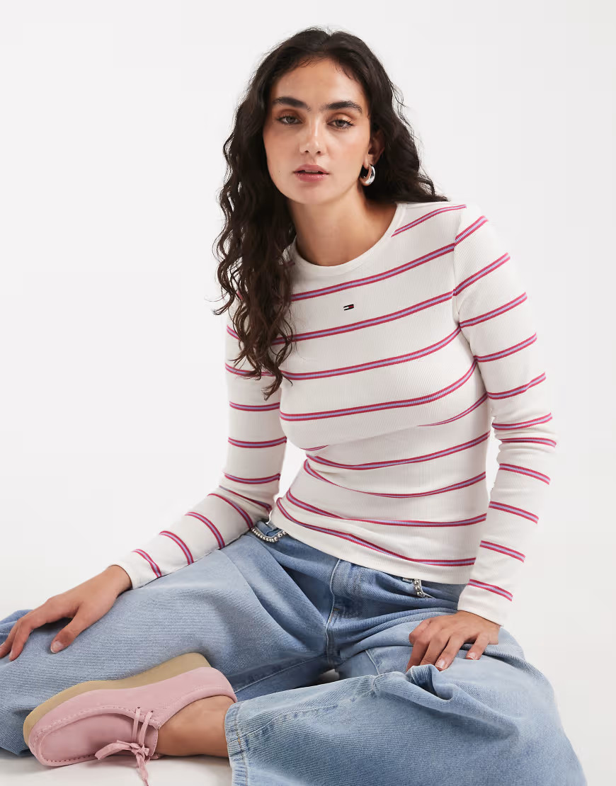 Tommy Jeans badge rib long sleeve stripe t-shirt in bright pink-Multi | ASOS (Global)