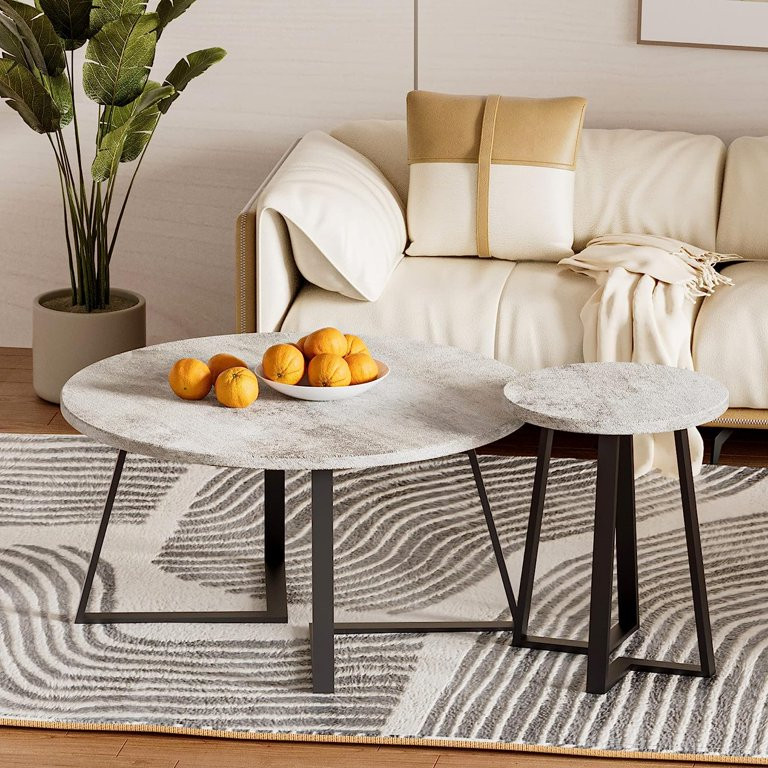 34" Round Coffee Table for Living Room - Industrial Concrete-Colored Top White Coffee Table for O... | Walmart (US)