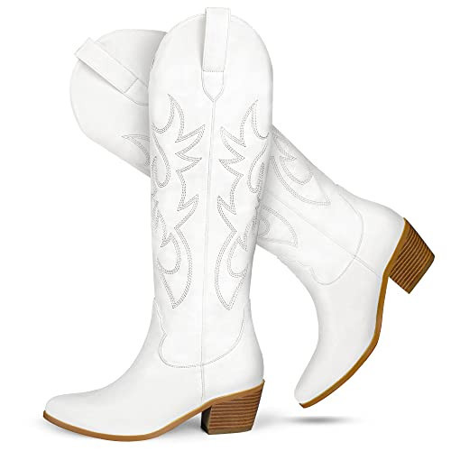STALOV White Cowgirl Boots Western Cowboy Boots for Women,Wide Calf Knee High Boots Embroidered Pointed Toe Chunky Heel Pull-On Fashion Tall Boots | Amazon (US)