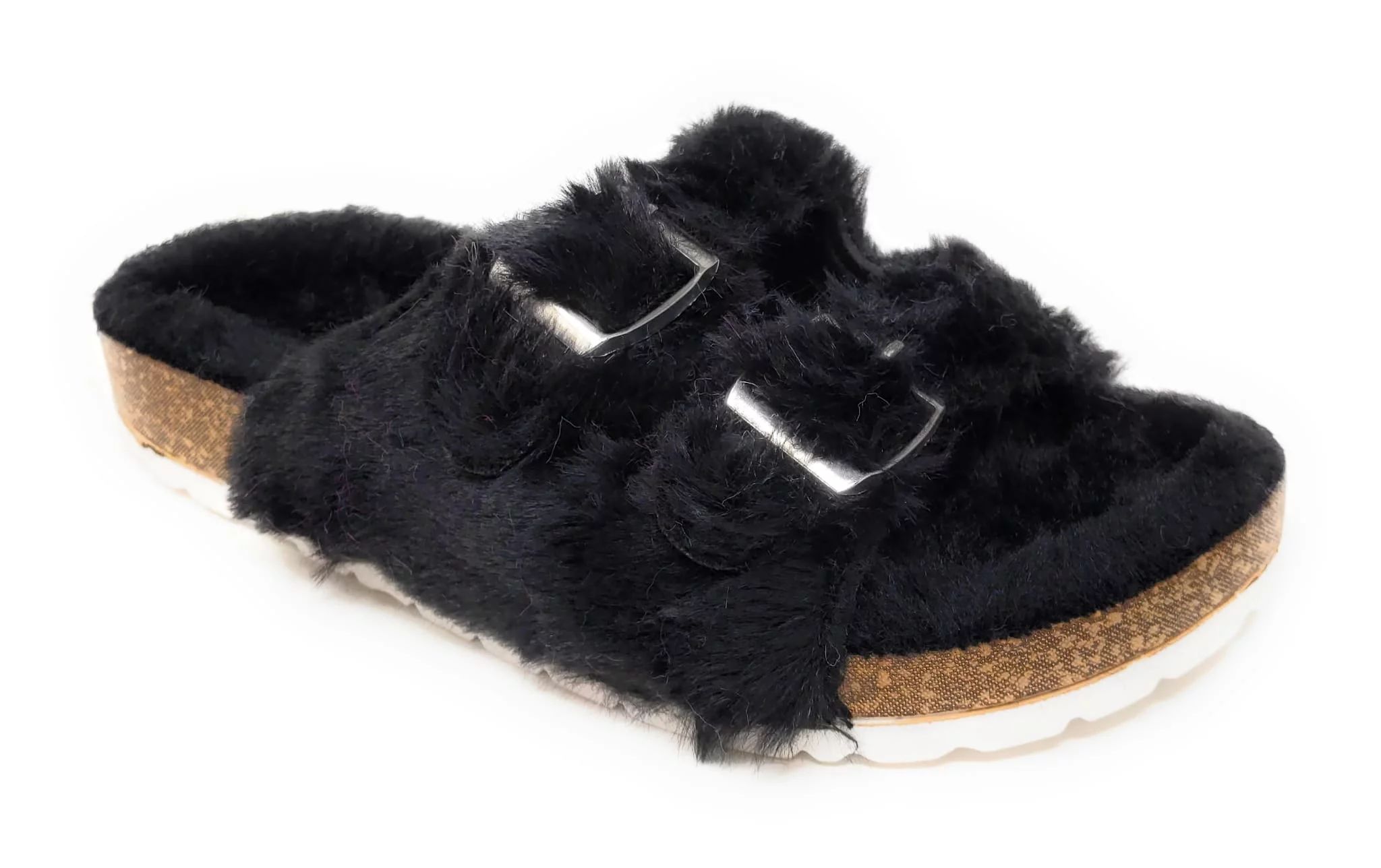 JEFFRICO Womens Slippers Double Strap Faux Fur Double Buckle Soft Sandals - Walmart.com | Walmart (US)