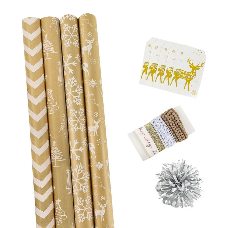 LaRibbons 30" x 10' Christmas Holiday Gift Wrap Deluxe Kit | Kraft w/ White Trees Snowflakes - Wa... | Walmart (US)