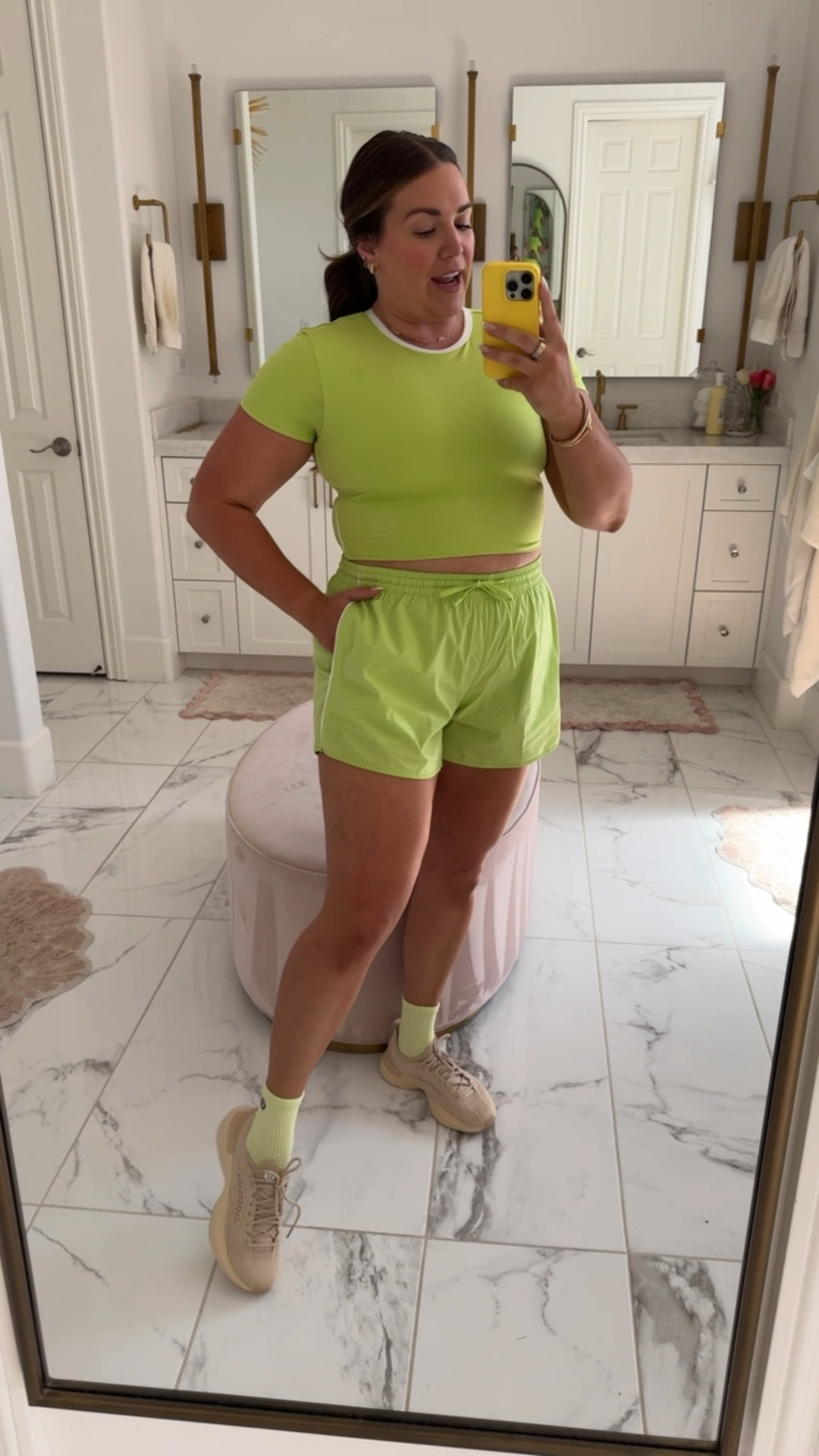 curvy midsize fitness workout look! wearing size large in top (built in bra) and size 12 in lined shorts! LOVE this color sour grapes 🎾 

#LTKMidsize #LTKActive #LTKFindsUnder100
