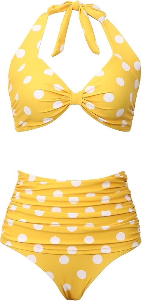 Honlyps Retro High Waist Swimsuit for Women Halter 2 Piece Bathing Suit Ruffle Bikini Set Tummy C... | Amazon (US)