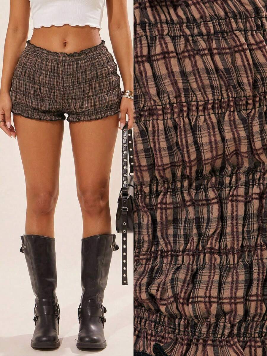 Radiana Brown Plaid Summer Grunge Punk Party Women Pleated Low Waist Super Short Casual Shorts,Ruffle Hem Hotpants,Preppy Style Festival Cowgirl Skort | SHEIN