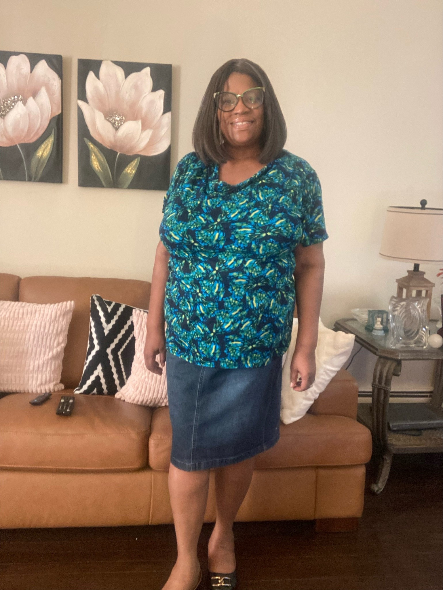 Plus size multi-colored green top and knee length jean skirt

#LTKootd #LTKOver40 #LTKPlusSize