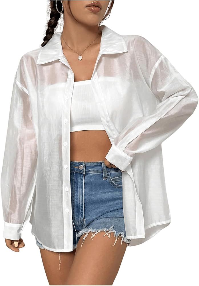 OYOANGLE Women's Mesh Sheer Long Sleeve Shirt Lightweight Button Down Blouse Top | Amazon (US)