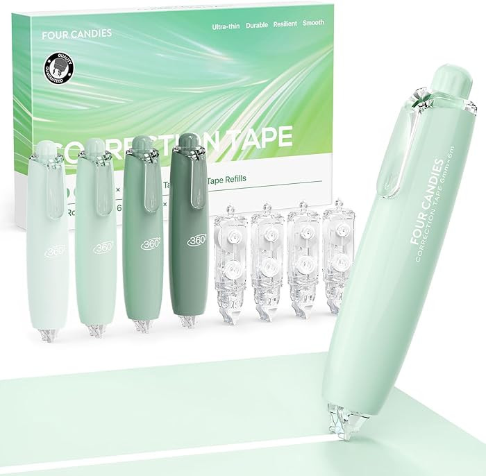 Four Candies Refillable Retractable White Correction Tape, 4PCS Smooth White Pull-Out Tape with 4... | Amazon (US)