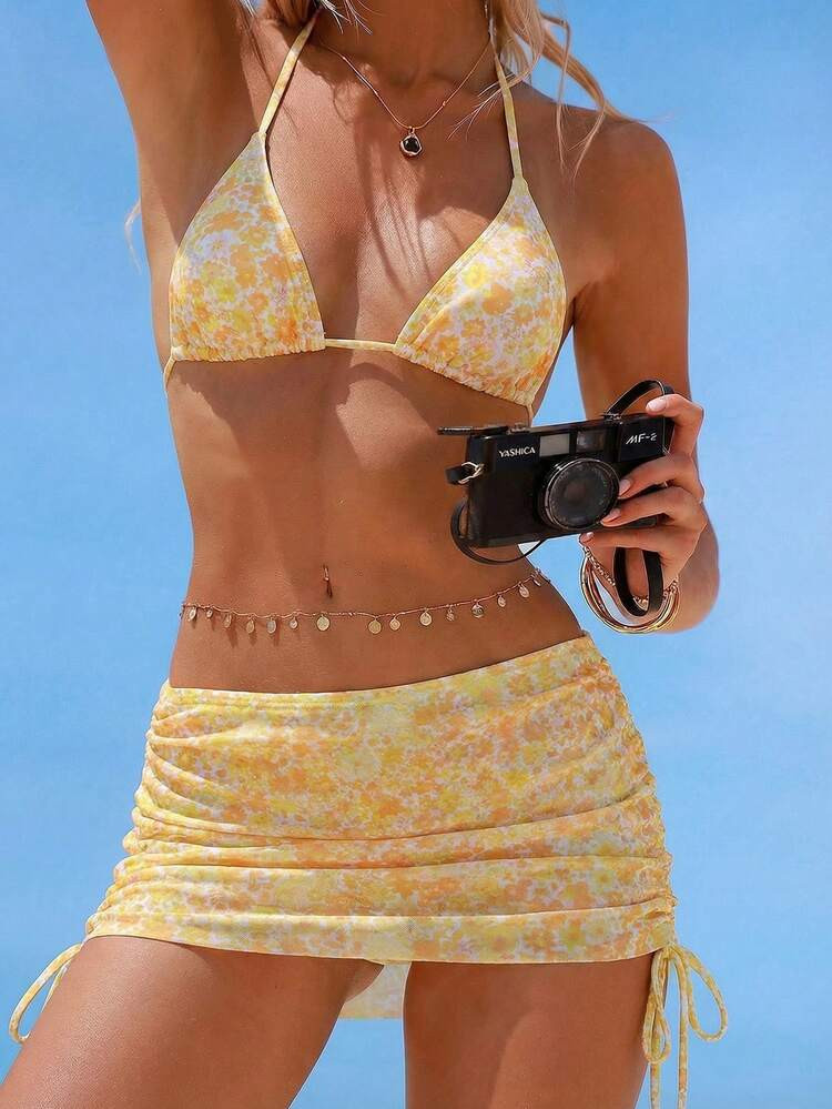 Swim Vcay 3pcs Sexy Leopard Print Halter Neck Triangle Cup Mesh Sarong Bikini Set For Women | SHEIN
