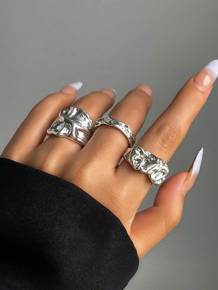 3pcs Vintage Irregular Abstract Rings, Women's Adjustable Gold & Silver Ring Set, Gift For Her On... | SHEIN