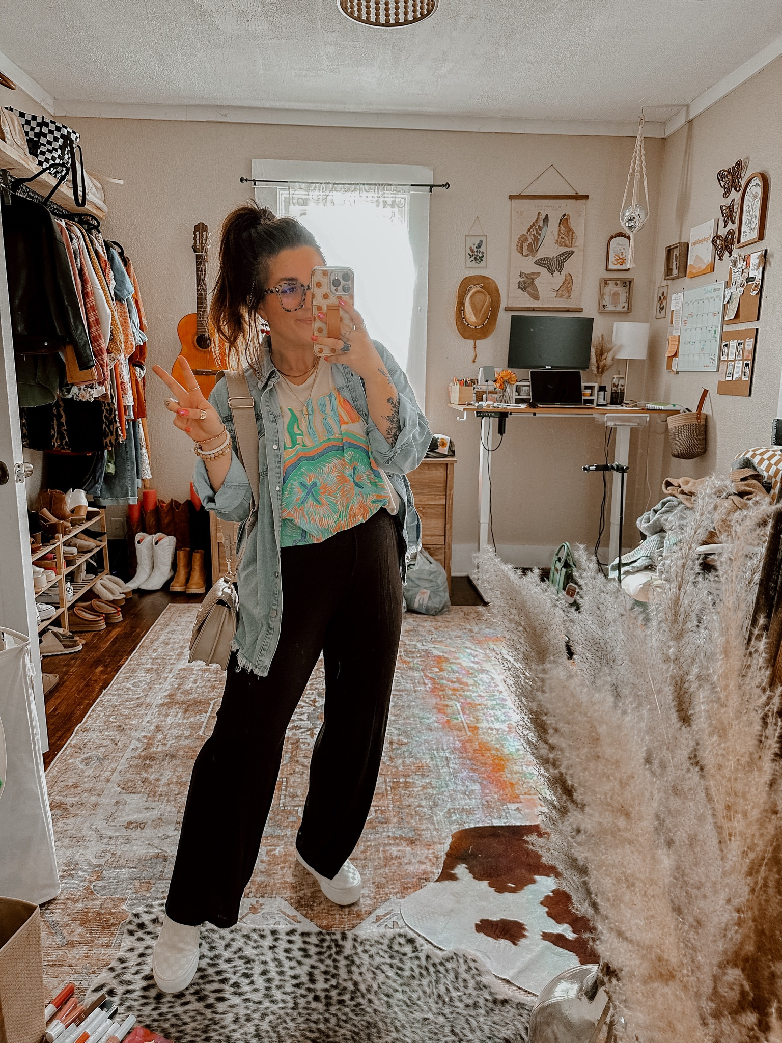 Cozy cute Walmart outfit! Oversized band distressed graphic tee nirvana viral Walmart tee wearing medium for more oversized look. Joyspun ribbed black pajama pants wearing size medium. Distressed denim jean jacket. Crossbody straw multicolor purse and cherry earrings. Platform turtledove white cream checkered vans. 

#LTKSeasonal #LTKU #LTKstyletip