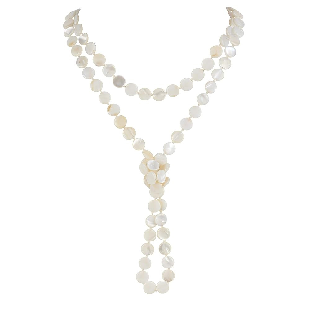 Firstmeet Flat Round Coin Shell Beads Long Knotted Necklace Natural Mother of Pearl Handmade Jewe... | Amazon (US)