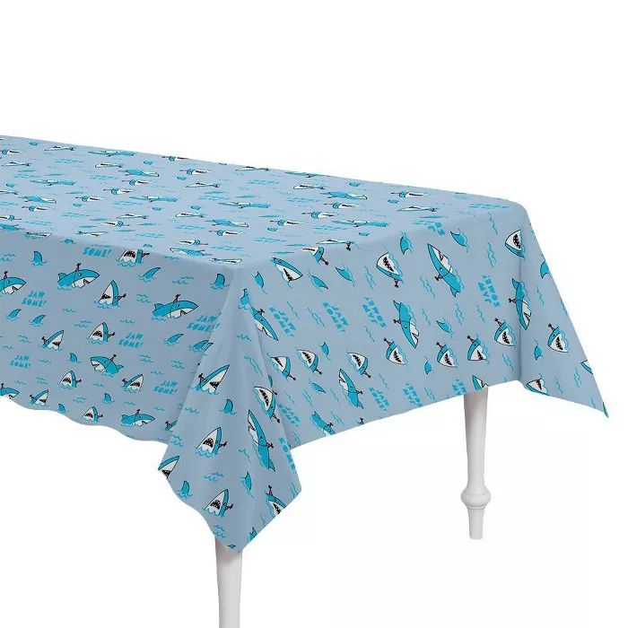 54"x84" Shark Printed Plastic Table Cover Blue - Spritz™ | Target