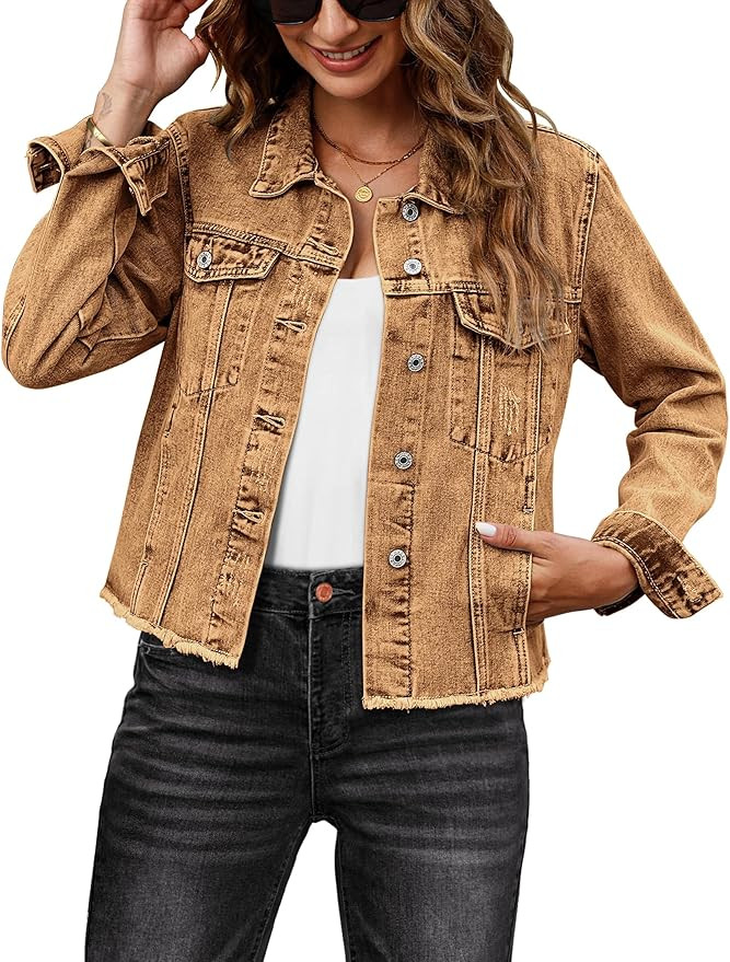 luvamia Denim Jacket for Women Distressed Jean Jackets Button Up Vintage Western Trucker Jacket F... | Amazon (US)