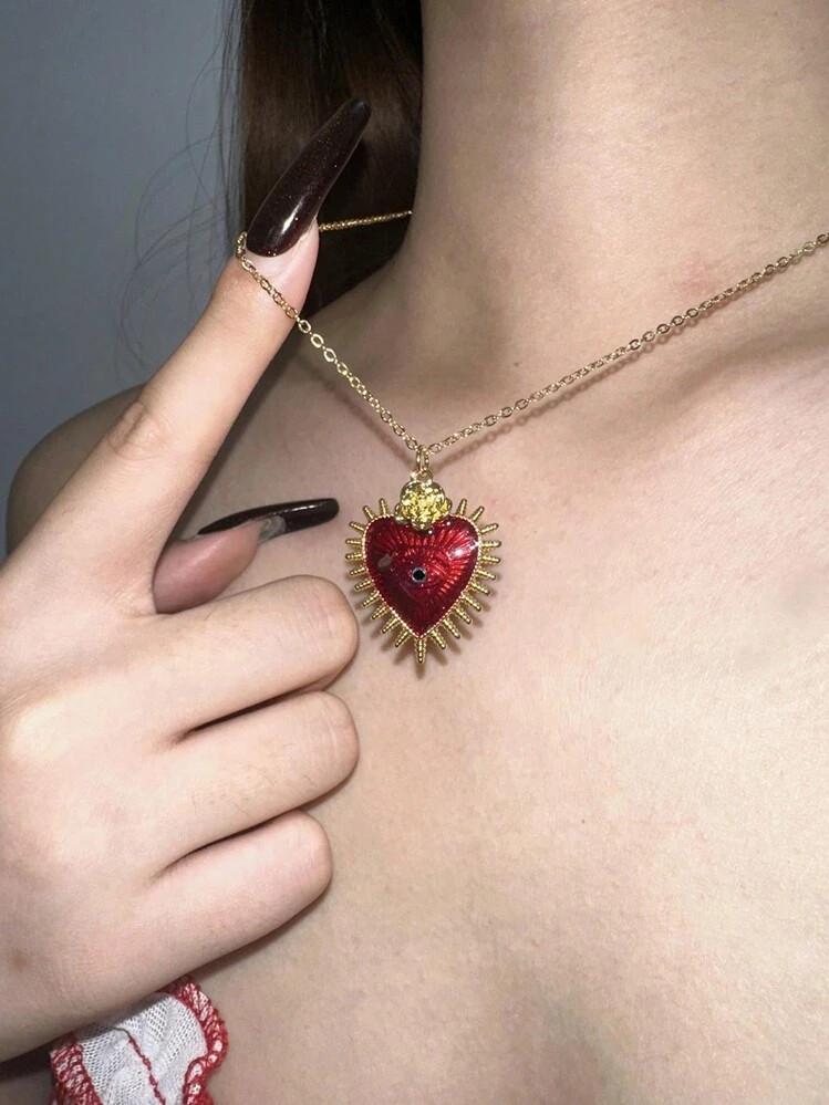1pc Vintage Y2K Red Heart Shaped Eyeball Gothic Pendant Necklace For Women, Back-To-School Gift V... | SHEIN