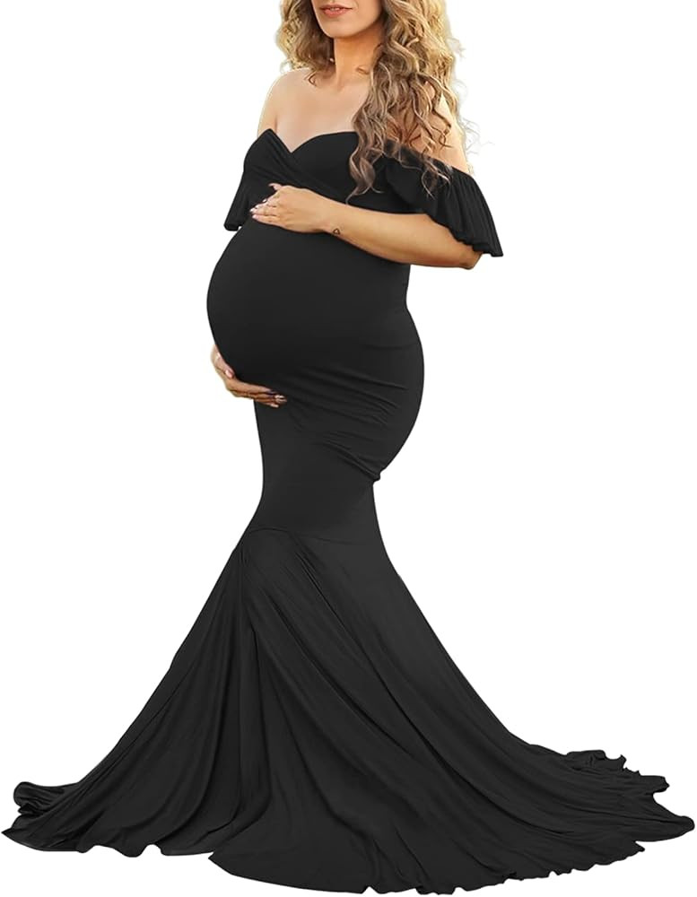 Saslax Off Shoulder Ruffle Sleeves Elegant Fitted Maxi Maternity Dress for Photoshoot Baby Shower | Amazon (US)