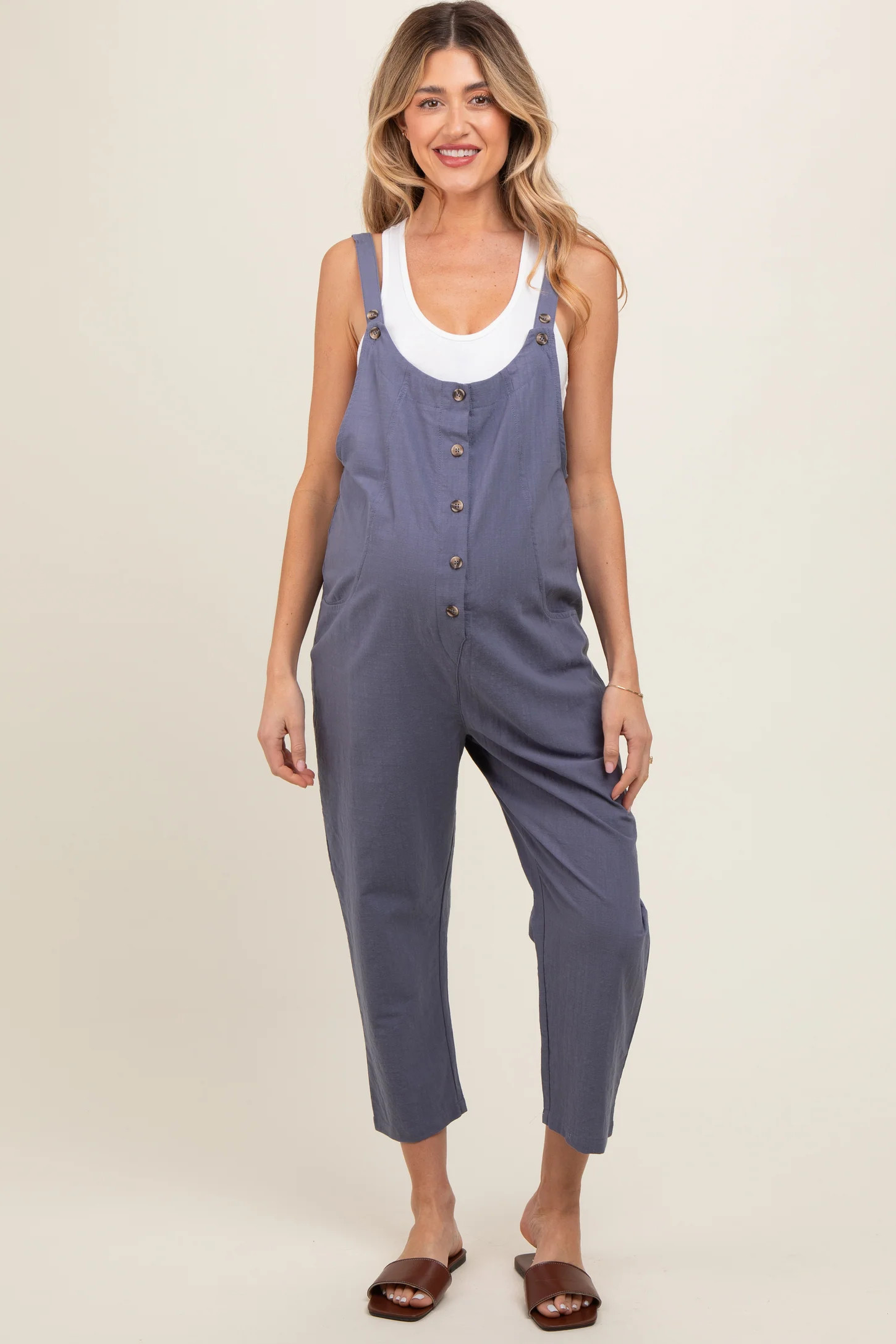 Blue Button Down Maternity Cropped Jumpsuit | PinkBlush Maternity