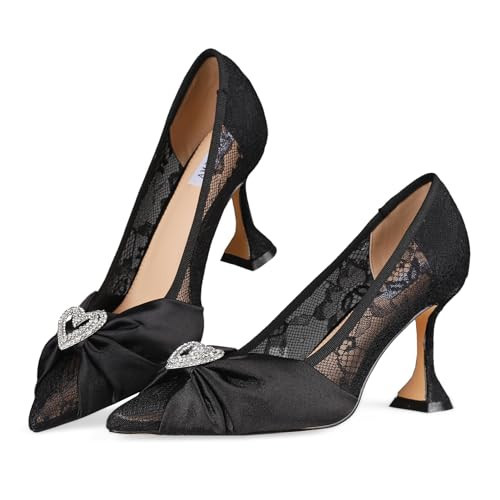AMINUGAL Black Heels for Women Wedding Rhinestone Heels Women's Pumps Shoes Lace Dressy Pointed Toe Black High Heels for Women Lace Size 9.5 | Amazon (US)