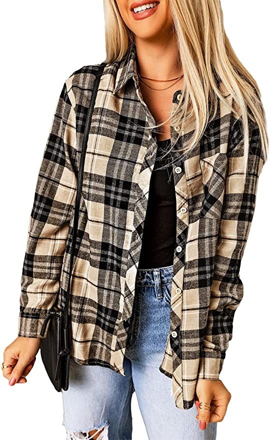 Women Fashion Plaid Shacket Jacket Lapel Button Down Cardigans Loose Long Sleeve Blouse Tops | Amazon (US)