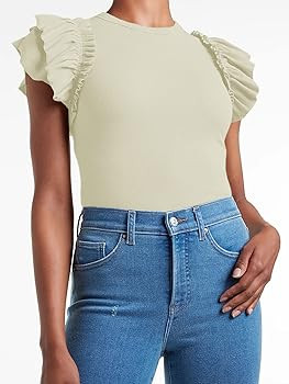 Womens Ruffle Short Sleeve Shirts Slim Fit High Neck Knit Ribbed Tops | Amazon (US)