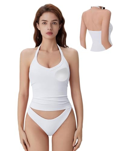 SUUKSESS Halter Tank Top for Women with Built in Bra Cotton Ribbed V Neck Cami | Amazon (US)
