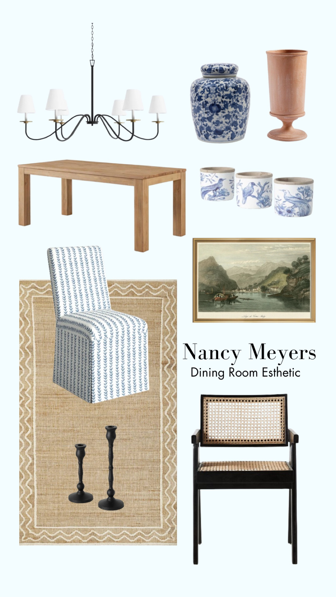 Nancy Meyers dining room home decor esthetic. Blue and white accents with traditional wood tones and silhouettes. Love this timeless interior look. 

#homedecor #interiors #interiordesign #diningroom 

#LTKStyleTip #LTKFamily #LTKHome