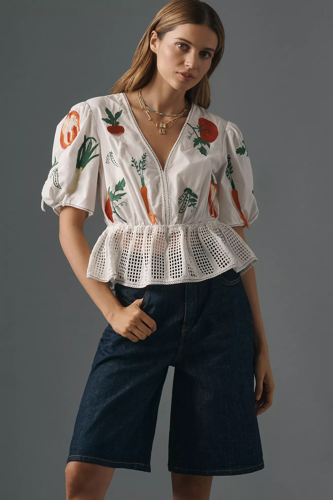 Maeve V-Neck Embroidered Veggie Blouse | Anthropologie (US)