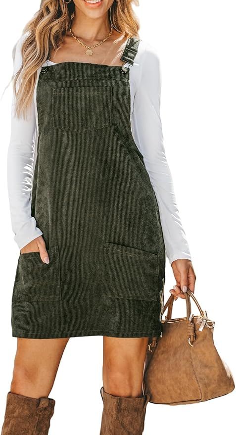 CUPSHE Corduroy Mini Fall Dress for Women Front Bib Pocket Square Neck Wide Straps A Line Casual ... | Amazon (US)