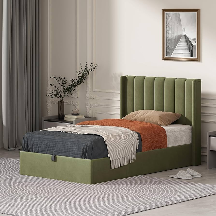Twin Size Hydraulic Lift Up Upholstered Storage Bed with WIngback Headboard,Pistachio | Amazon (US)