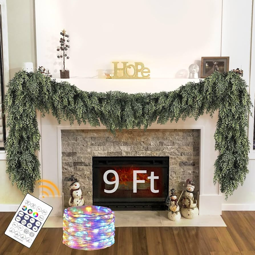 Cedar Christmas Garland with Lights for Mantle - Decorations 9ft Realistic Lighted Faux Pine Garl... | Amazon (US)