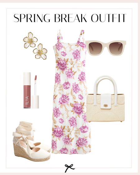 This spring break outfit is perfect for vacation this spring or summer! The floral print on this dress is so pretty and it pairs great with this flower earrings. I am loving the white wedges that can go with almost any spring or summer dress. 

#LTKSeasonal #LTKstyletip #LTKshoecrush