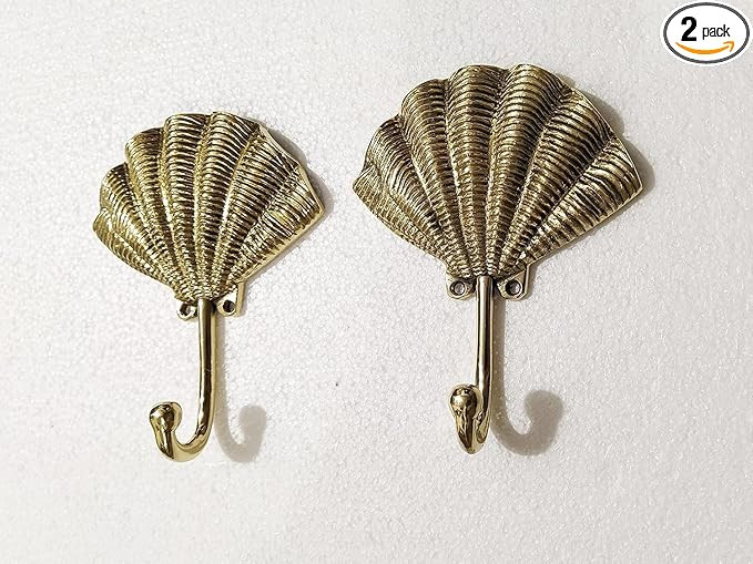 Set of 2 Brass Sea Shell Wall Mount Hooks Sculptural Decorative Coat Hooks for Home Office and Re... | Amazon (US)