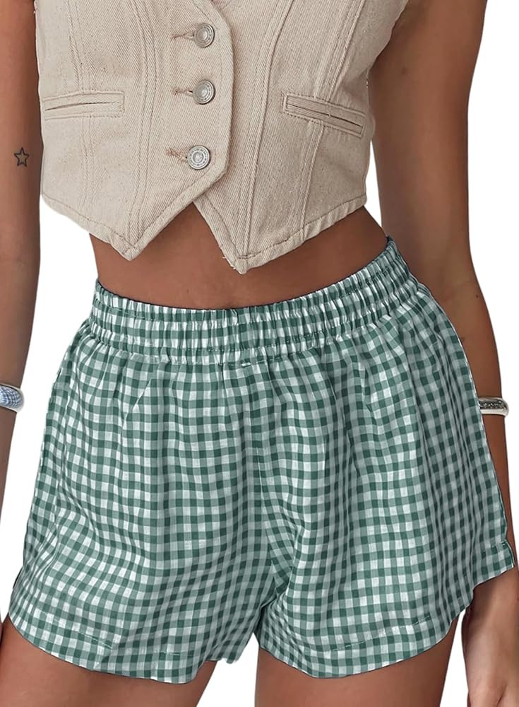 Chunoy Women's Plaid Boxer Shorts Summer Casual Gingham Pajama Bottoms Short with Pockets | Amazon (US)
