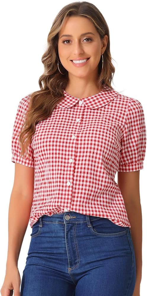 Allegra K Women's Halloween Costumes Plaid Blouse Puff Short Sleeve Gingham Peter Pan Collar Butt... | Amazon (US)