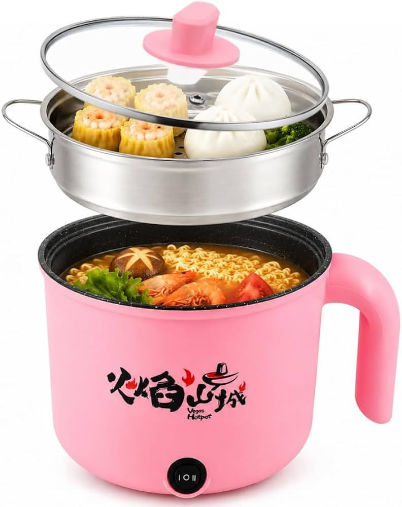 VEGAS Electric Hot Pot with Stainless Steel Steamer, 1.7L Mini Portable Ramen Noodle Cooker, Nons... | Amazon (US)