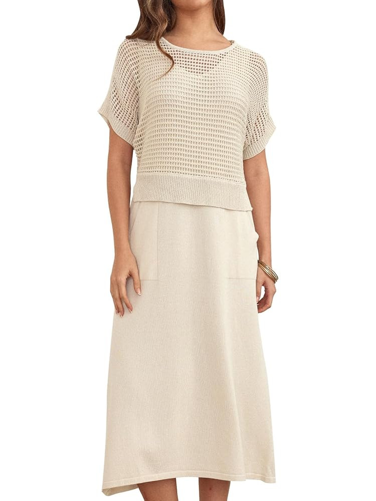 Crochet Women Two Piece Skirt Set Summer 2025 Casual Vacation Crew Neck Short Sleeve Cropped Top ... | Amazon (US)