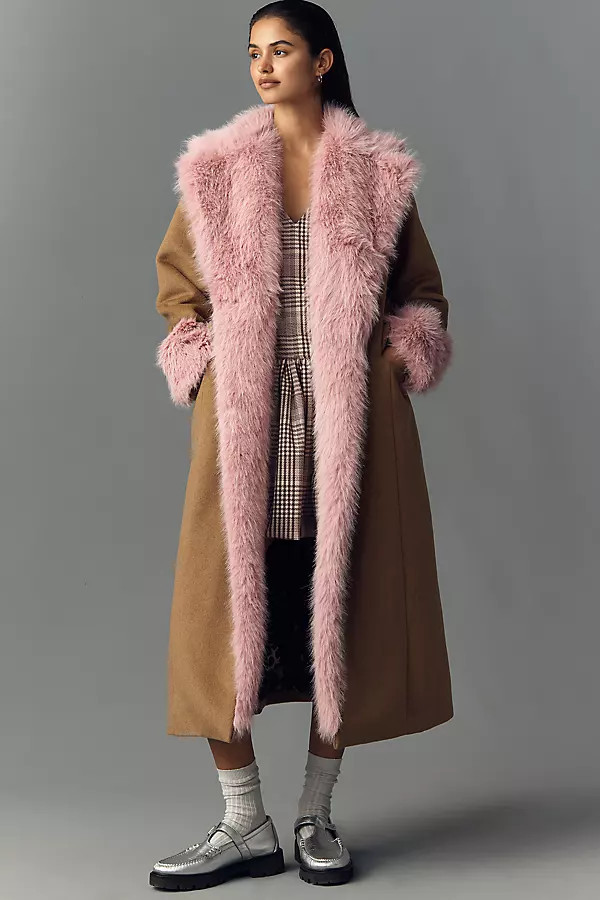 Faux Fur-Lined Wool Blend Maxi Coat Jacket | Anthropologie (US)