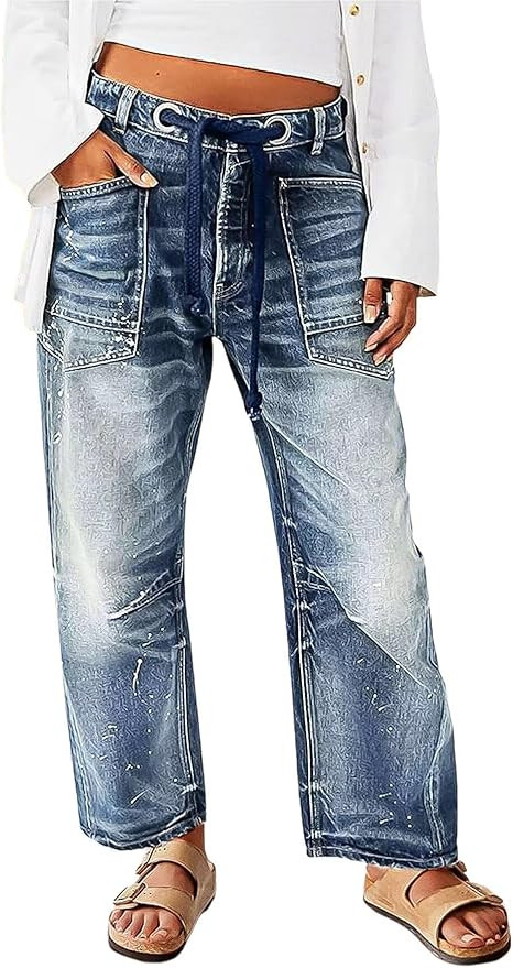 Flamingals Wide Leg Mid Waist Causal Baggy Barrel Jeans for Women Drawstring Eyelet Waist Denim P... | Amazon (US)