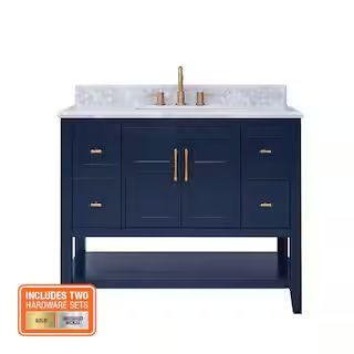 Sturgess 43 in. W x 22 in. D x 35 in. H Single Sink Freestanding Bath Vanity in Navy Blue with Carrara Marble Top | The Home Depot