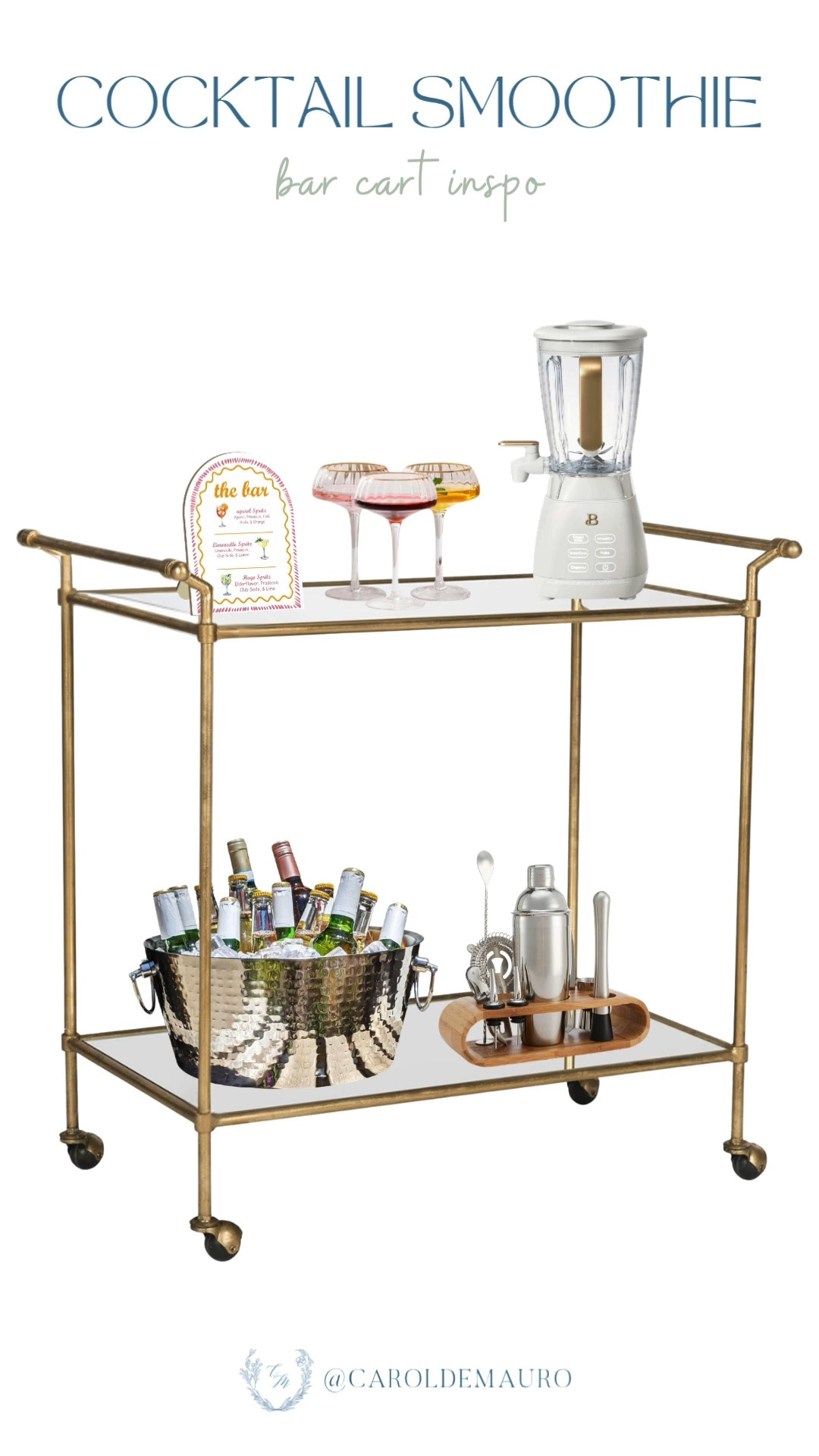 Get this exact look for a cocktail smoothie bar cart inspo: gold glass bar cart with a white blender with a faucet on the side, elegant ribbed coupe glasses, an arch menu sign, a silver ice bucket, and a sleek stainless steel bartender kit.

party inspo, bar cart essentials, drinkware, hostess life, entertaining at home, smoothie bar, hosting hack, summer cocktails

#LTKSeasonal #LTKU #LTKHome