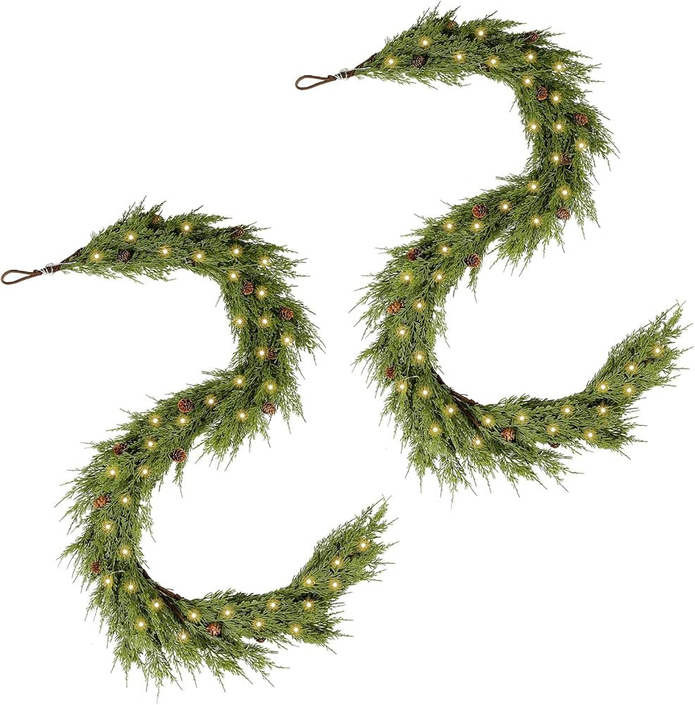 WBHome 2 PCS Real Touch Cypress Cedar & Pine Cone Evergreen Garland for Christmas Holiday Seasona... | Amazon (US)