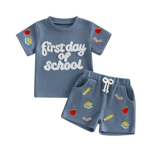 Kupretty Toddler Baby Boy Clothes Back to School Outfits Waffle Knit First Day of School Embroidery T-shirt + Shorts Set (First day of school-Blue, 4-5T) | Amazon (US)