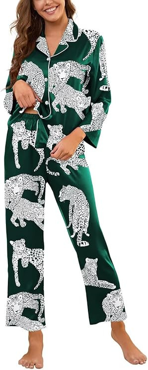 Brosloth Womens Silk Pajamas Long Sleeve Button Down Animal Print Cute Pjs Set Satin Pajama Set | Amazon (US)