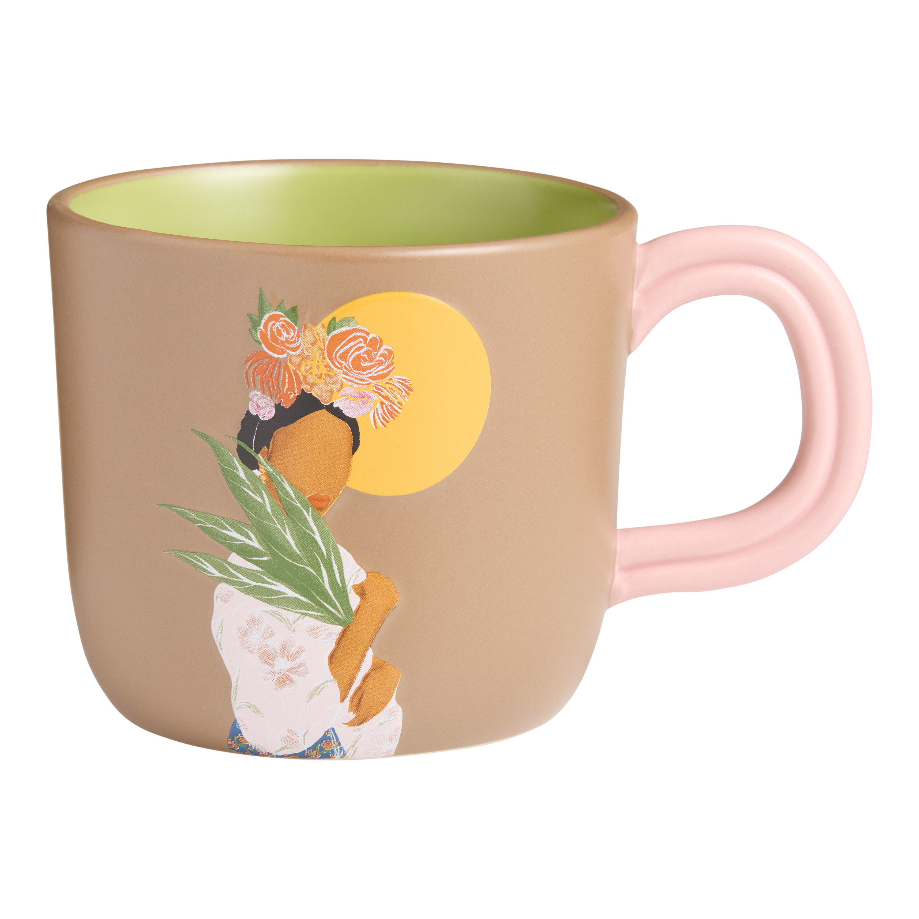 Kolor Me Koby Taupe Woman with Palm Leaf Ceramic Mug | World Market
