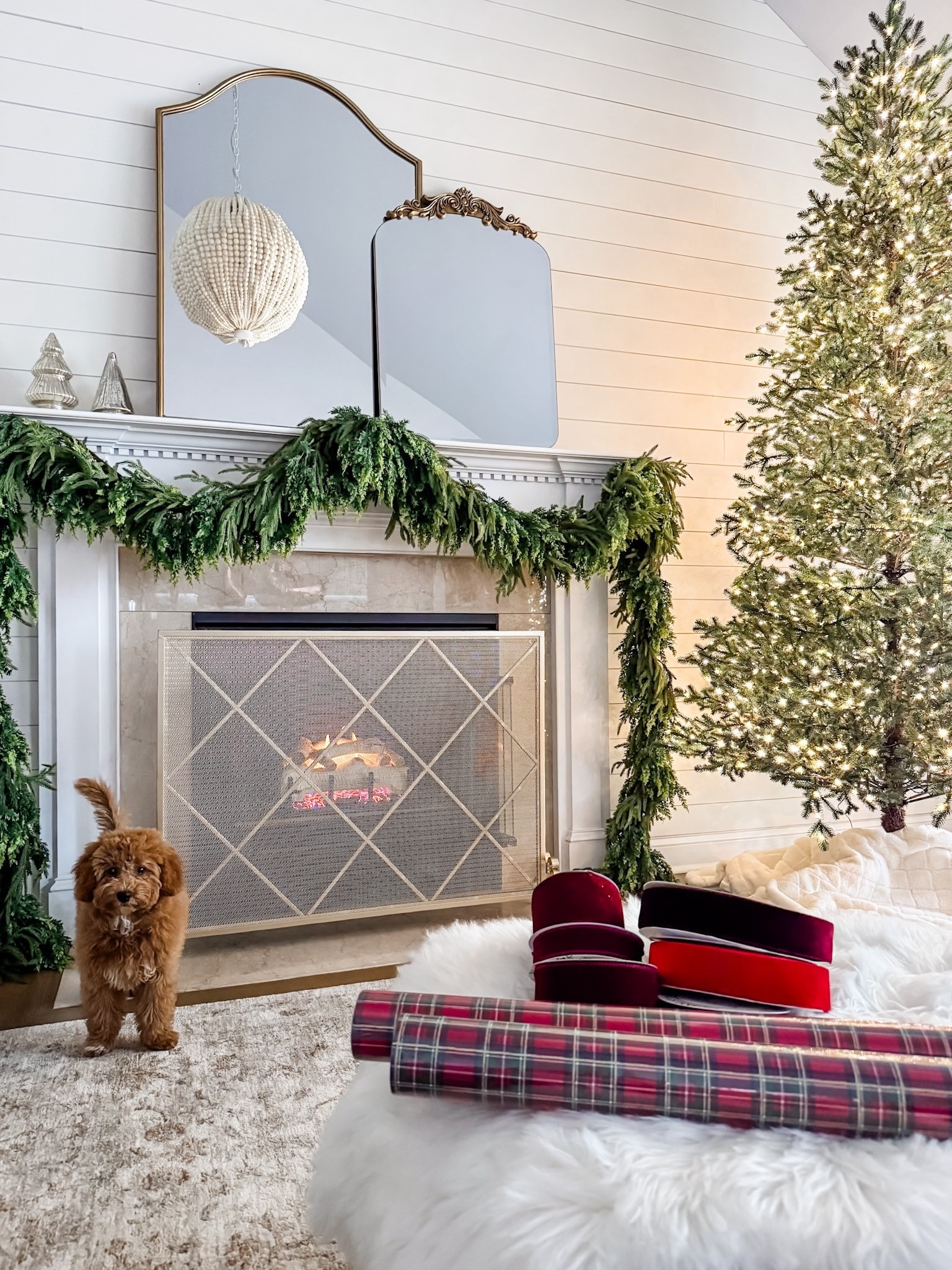 Christmas decor
Holiday decor
Artificial Christmas tree 
Home Depot Elegant Fir Christmas Tree
9 ft Cedar garland 
Afloral Real Touch Norfolk Pine Garland
Living room decor
Living room rug
Wood bead chandelier
Holiday wrapping paper
Velvet ribbon
Burgundy velvet ribbon
Mantel decor
Holiday mantel garland 
Faux fur rug

#LTKHoliday #LTKHome #LTKSeasonal