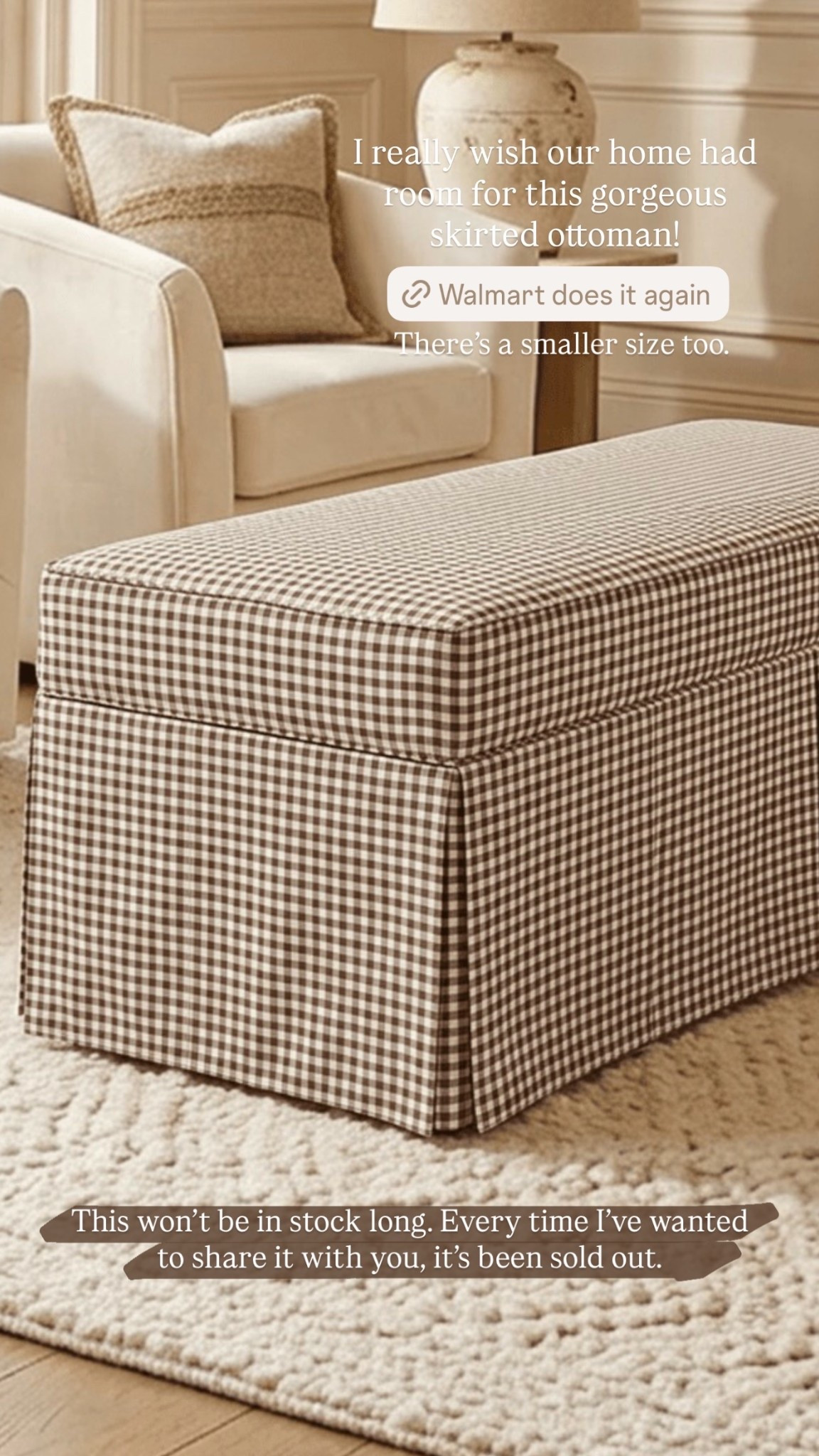 I really wish our home had room for this gorgeous skirted ottoman! This won’t be in stock long. Every time I’ve wanted to share it with you, it’s been sold out. There’s a smaller size too.