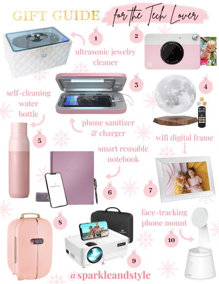Gift Guide for the Tech Lover ✨ Gift guides, gift guide 2022, Christmas gift guide, holiday gift guide, Christmas gifts for her, Christmas gifts for women, Christmas gifts for girls, holiday gifts for her, holiday gifts for women, holiday gifts for girls, tech lover gift guide, technology lover gift guides, ultrasonic jewelry cleaner, instant camera printer, phone sanitizer and charger, self-cleaning water bottle, smart reusable notebook, levitating moon lamp, Wi-Fi digital photo frame, beauty fridge, mini projector, face tracking phone mount

#LTKGiftGuide #LTKHoliday #LTKSeasonal
