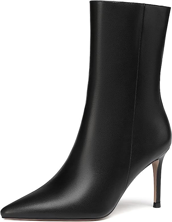 WAYDERNS Women's Matte Pointed Toe Zipper Stiletto High Heel Mid Calf Short Boots 3.5 Inch | Amazon (US)